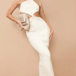 Robe Longue En Maille Tricot Crème à Devant Torsadé