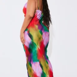 Plus Robe Longue Plissée Imprimé Multicolore à Col Bénitier -Jolie Vêtue Soldes Magasin d96c33f52432ce327985c271c9183866f3583f0c cna7530 2