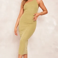 Robe Asymétrique Mi-longue En Maille Tricot Texturée Vert Olive