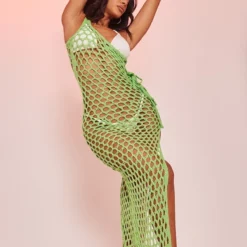 Petite Robe Longue Fendue En Maille Tricot Ajourée Vert Vif à Côté Noué
