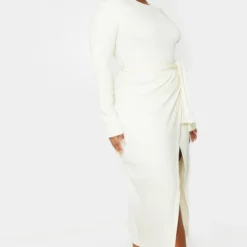 Zero Plus Robe Mi-longue Portefeuille Très Côtelée Crème à Taille Nouée -Jolie Vêtue Soldes Magasin da612fe13101ed787f5d4899c14eb28031a1b721 cmh1740 4