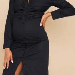 Maternité Robe Chemise De Grossesse Mi-longue Noire Froncée -Jolie Vêtue Soldes Magasin da62ff1ec621092a2c0ab24a16fc439cc02395cc cmz7945 5