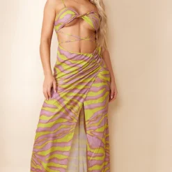 Robe Longue Multicolore Imprimé Animal Découpée Et Torsadée à Bretelles