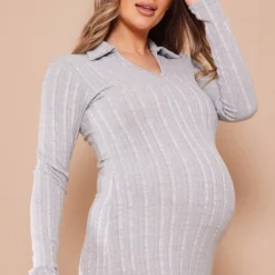 Maternité Robe De Grossesse Longue Côtelée Gris Clair à Col -Jolie Vêtue Soldes Magasin dac8261876522e53110f2af491cd29d1ca13e13c cnd3129 4