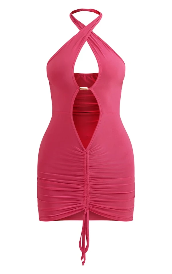 Robe Très Moulante Froncée Rose Vif à Découpes Et Empiècement 7 Robe Très Moulante Froncée Rose Vif à Découpes Et Empiècement – Image 5