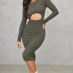 Logic Petite Robe Côtelée Découpée Kaki à Manches Longues