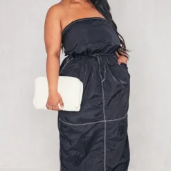 Plus Robe Mi-longue Bustier En Nylon Noir à Détail Coutures