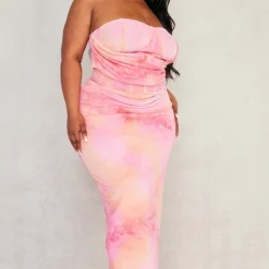 Plus Robe Longue Imprimé Tie & Dye Rose à Corset Et Détail Drapé
