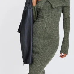 Robe Mi-longue Kaki Chiné Côtelée à Col Bardot -Jolie Vêtue Soldes Magasin dcb6a404837f739ea99b7167c786e91245b193bd cnc6743 4