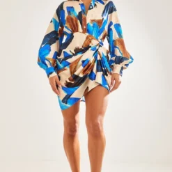 Robe Droite Satinée Multicolore Imprimé Peinture à Manches Oversize Et Jupe Drapée -Jolie Vêtue Soldes Magasin dcc5576fb32f7b2e87cb7dc8225cdb0d7775beca cnd5885 3