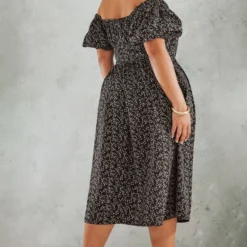 Plus Robe Mi-longue Noire à Imprimé Petites Fleurs Et Manches Bouffantes -Jolie Vêtue Soldes Magasin dcd4c93574fe4d7df45f20e13d7d32a163142401 cnc9565 2