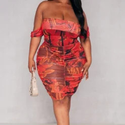 Plus Robe Moulante Froncée Rouge En Mesh Fleuri à Col Bardot -Jolie Vêtue Soldes Magasin dd368e4865ec5baaaa00cfef5696aa720df03cce cnc9586 3