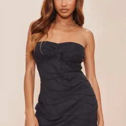 Robe Droite Bustier Texturée Noire Torsadée