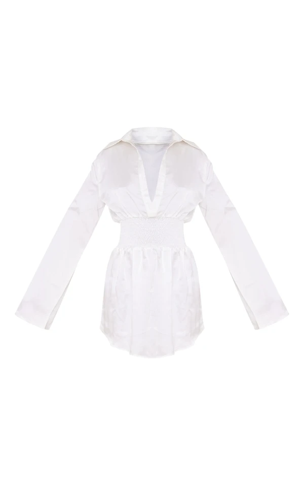 Robe Chemise Satinée Crème à Taille Froncée 7 Robe Chemise Satinée Crème à Taille Froncée – Image 5