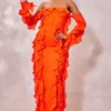 Robe Longue En Mousseline De Soie Orange Brûlé à Corset Et Manches Longues