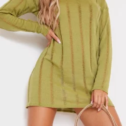 Robe Droite Texturée Vert Olive Déchirée à Manches Longues Oversize -Jolie Vêtue Soldes Magasin dd78e0f1c028fa457845dea3bbdb6b95580d0c8e cna0984 4