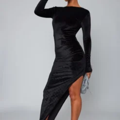 Robe Longue En Velours Noire Drapée Fendue à Dos Rond -Jolie Vêtue Soldes Magasin ddad2f6980719921e76a7459630ac05d332a4281 cnb4669 3