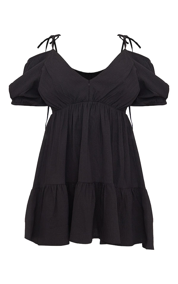 Robe Droite Texturée Noire à Manches Bouffantes Et Col En V 7 Robe Droite Texturée Noire à Manches Bouffantes Et Col En V – Image 5