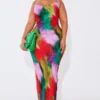 Plus Robe Longue Plissée Imprimé Multicolore à Col Bénitier