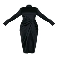 Plus Robe Mi-longue Satinée Drapée Noire à Col Montant -Jolie Vêtue Soldes Magasin de99e564ec9ba2f305be4b3006663bf07c862a97 cne0808 5