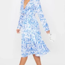 Robe Bleue Imprimé Porcelaine Mi-longue Plissée à Manches Longues -Jolie Vêtue Soldes Magasin def9545a1a6fd4069467cbf010c73ef16cf89f5a cmk3440 3