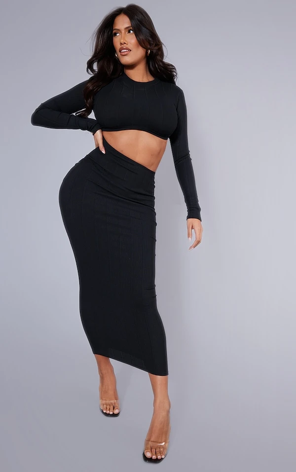 Shape Robe Longue Noire En Bandage Côtelé à Manches Longues Et Découpe 5 Shape Robe Longue Noire En Bandage Côtelé à Manches Longues Et Découpe – Image 3