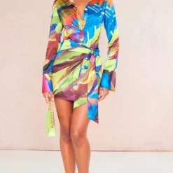 Robe Chemise Satinée Imprimé Abstrait Multicolore à Détail Noué -Jolie Vêtue Soldes Magasin e0fd53fc34c52c42b4872056510df86fc223c0f8 cne4574 3