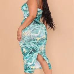 Plus Robe Mi-longue Côtelée Froncée Verte Imprimé Tourbillon à Bonnets -Jolie Vêtue Soldes Magasin e132395aa5a6839957183878164c45439a162284 cmw2934 3