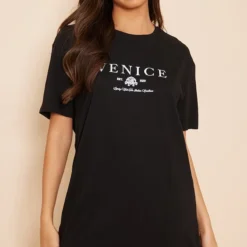 Robe T-shirt Oversize Noire à Slogan Venice