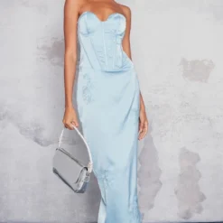 Robe Corset Mi-longue Bleu-gris Satinée à Fleurs Brodées -Jolie Vêtue Soldes Magasin e16404b385505f4c1b03053aa70067eaee83c7d1 cnd7529 3