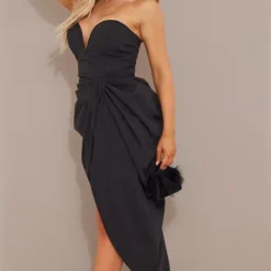 Robe Bustier Mi-longue En Maille Noire à Barre En V Et Fronces -Jolie Vêtue Soldes Magasin e19fba4778989e4de1aa6682095911182c15c75a cmv5293 4