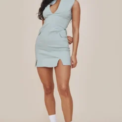 Robe Moulante Décolletée Vert Sauge Sans Manches à Détail Poches -Jolie Vêtue Soldes Magasin e1fa629ebc31ea6026acc9f9cd8e31dd9e0956f1 cnd4066 3