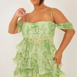 Plus Robe Moulante Verte Imprimé Statue à Fronces