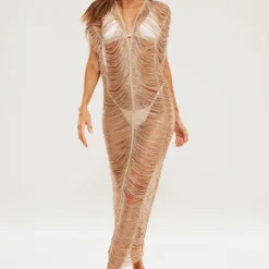 Robe De Plage Longue Dorée à Franges à Décolleté -Jolie Vêtue Soldes Magasin e2816abc3800a02cbe92eb2c5e2a4427d55a21eb cnd7981 3