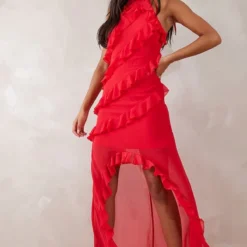 Tall Robe Longue Volantée Rouge à Bretelles