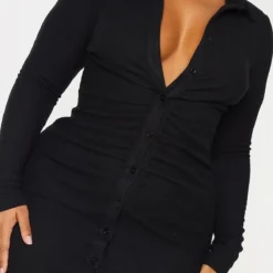Plus Robe Chemise Froncée Côtelée Brossée Noire à Manches Longues -Jolie Vêtue Soldes Magasin e2f7b74e84120a936b643b9eafe3f3120b8c129f cmu4903 5