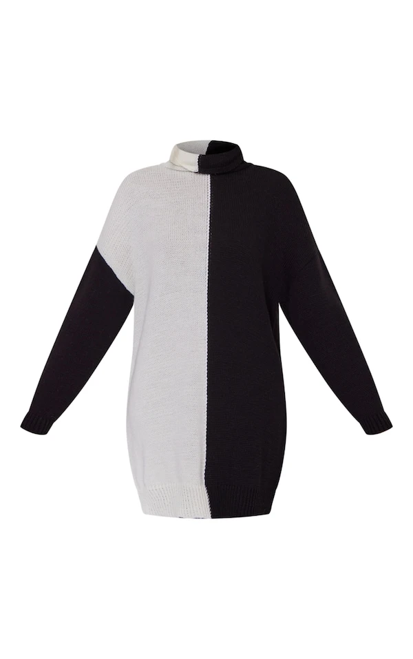 Robe Pull En Maille Noir & Blanc Style Colourblock à Col Roulé 7 Robe Pull En Maille Noir & Blanc Style Colourblock à Col Roulé – Image 5