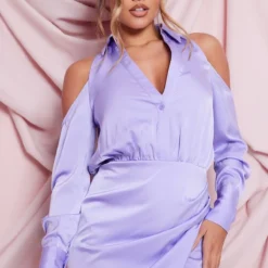 Robe Chemise Cache-coeur Satinée Lilas à épaules Dénudées