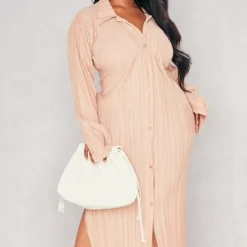 Plus Robe Chemise Mi-longue Oversize Gris Pierre Plissée