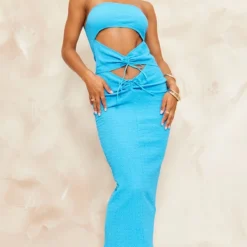 Robe Longue Bustier Texturée Froncée Bleu Vif à Découpes