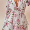 Robe Patineuse Blanche à Imprimé Floral En Mousseline De Soie Avec Décolleté Plongeant