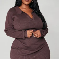 Plus Mini Robe Moulante En Maille Tricot Côtelée Chocolat à Manches Longues -Jolie Vêtue Soldes Magasin e44cae66c2333c2d24a0ff245bd630616f175ddd cnb2399 3