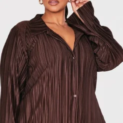 Plus Robe Chemise Mi-longue Oversize Chocolat Plissée -Jolie Vêtue Soldes Magasin e45dfbf5f6660e2b292f82c95e6530ba83c84f51 cnd2867 4