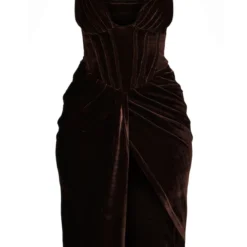 Robe Mi-longue Style Corset Drapée En Velours Chocolat à Buste Plissé -Jolie Vêtue Soldes Magasin e4879dd3034c795fb80ecb2d71bec96abfe50971 cnb3734 5