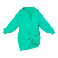 Plus Robe Chemise Texturée Verte à Détail Drapé Et Manches Longues -Jolie Vêtue Soldes Magasin e4e8aeddb243ae68c74e636a74cc57843457d5c6 cmu4915 6