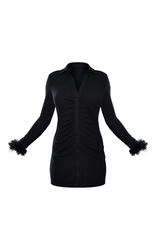 Robe Chemise Noire Froncée Côtelée Et Brossée à Manchettes à Plumes 7 Robe Chemise Noire Froncée Côtelée Et Brossée à Manchettes à Plumes – Image 5