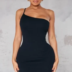 Shape Robe Asymétrique Moulante Noire Côtelée Douce