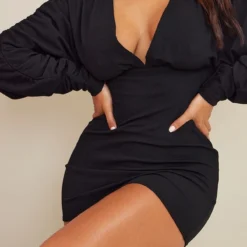 Shape Robe Moulante Côtelée Douce Noire à Décolleté Et Manches Froncées -Jolie Vêtue Soldes Magasin e63f0d3ab91894d5f0f465d8db73c2edebac821f cnb7698 4