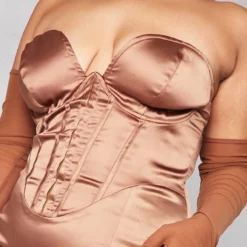 Plus Robe Mi-longue Corset Café Au Lait Satinée -Jolie Vêtue Soldes Magasin e65919360e9c6479463c19e33ddd24ad672d421f cna8287 4