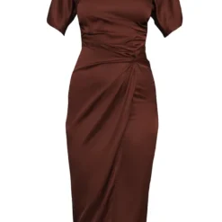 Robe Longue Satinée Chocolat à Fronces Et Manches Courtes -Jolie Vêtue Soldes Magasin e6a93a38b138274f978fb4503147b18b736f335b cmq1693 6